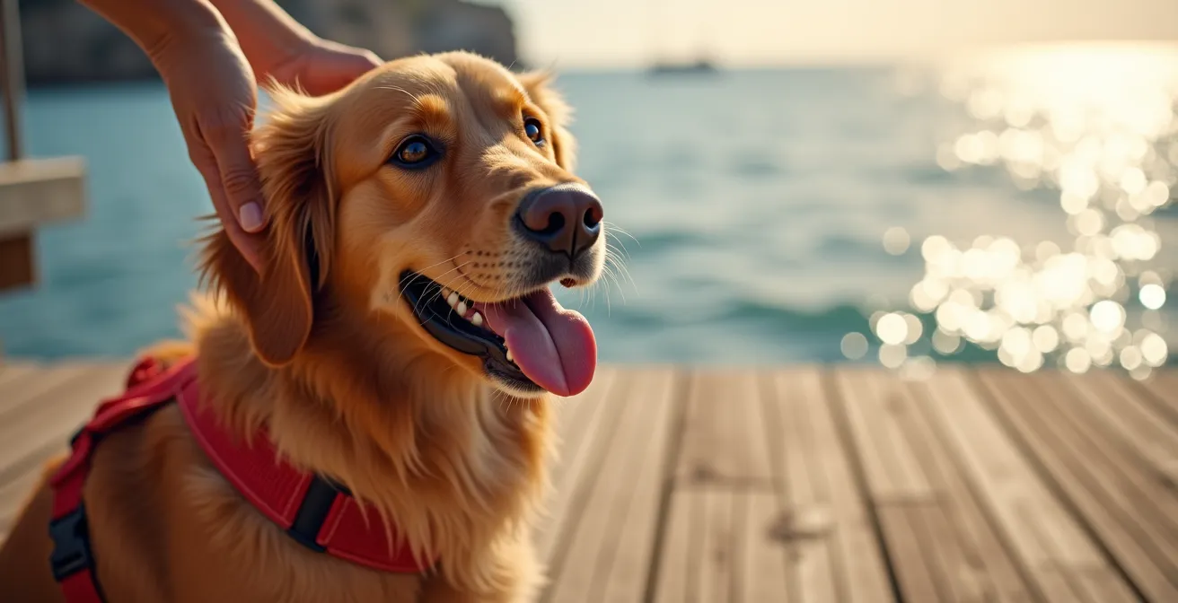 Chien en laisse sur le pont d'un ferry avec vue sur la mer Méditerranée