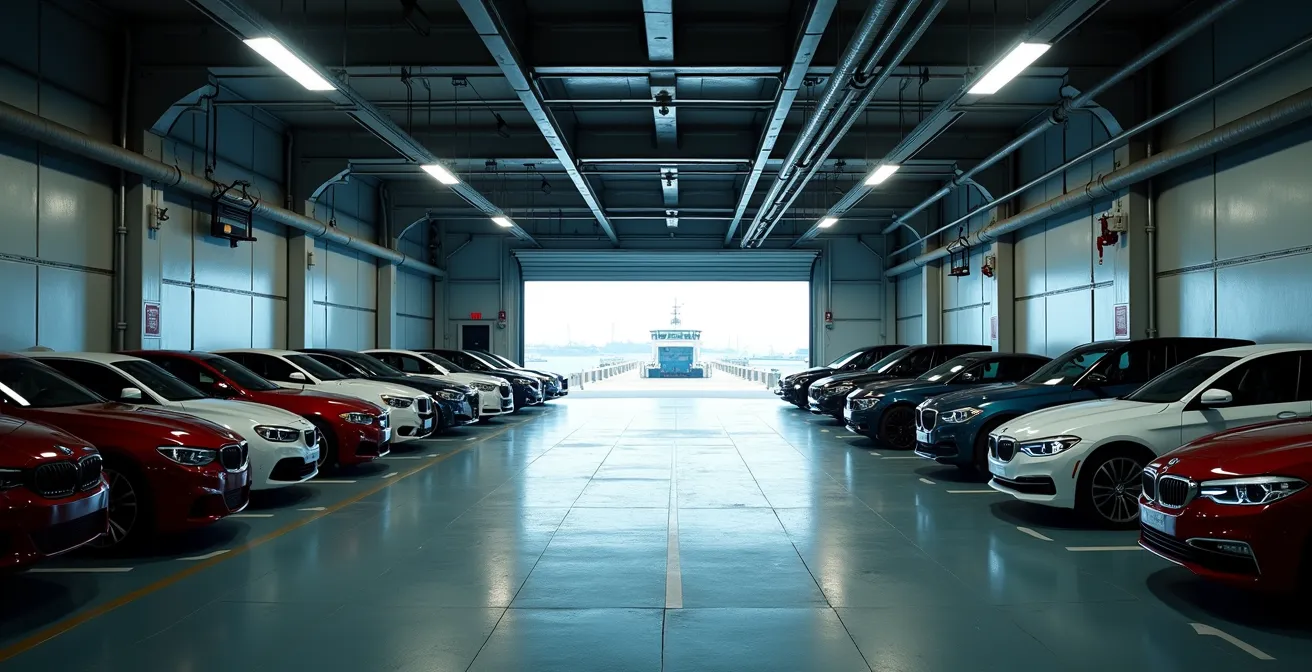 Garage d'un ferry avec voitures alignées prêtes pour le débarquement